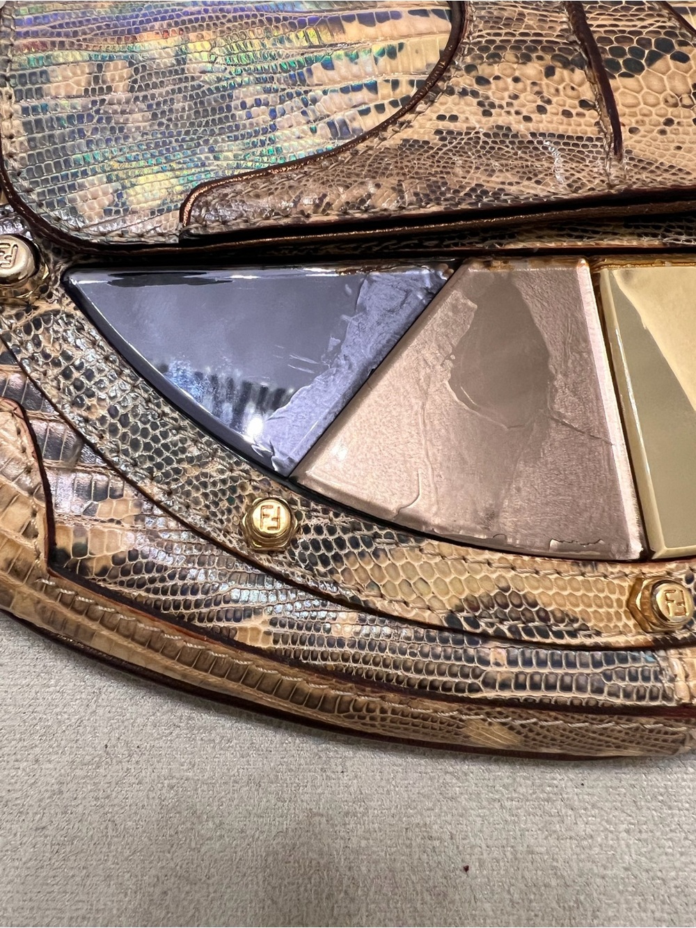 Fendi Iridescent Snake-Embossed Shoulder Bag in Gold, Brown, Cream, Black - Picture 8 of 9